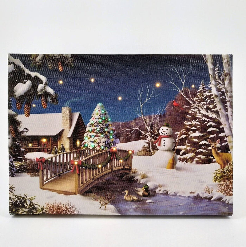 Load image into Gallery viewer, LED Lit Winter Scene with Snowman lighted Canvas Wall or Tabletop Picture Art
