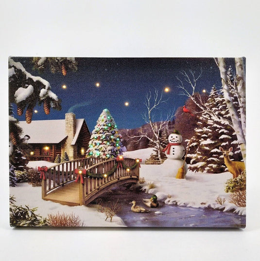 LED Lit Winter Scene with Snowman lighted Canvas Wall or Tabletop Picture Art
