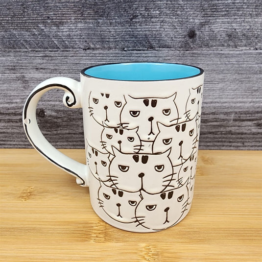 Cat Face Ceramic Coffee Mug 16oz (455ml) Beverage Cup Embossed by Blue Sky