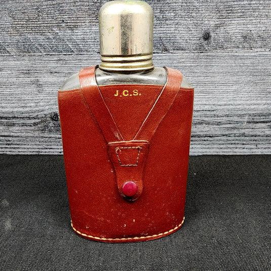 Rumpp Brown Leather Wrapped Glass Flask With Metal Cap & Shot Glass