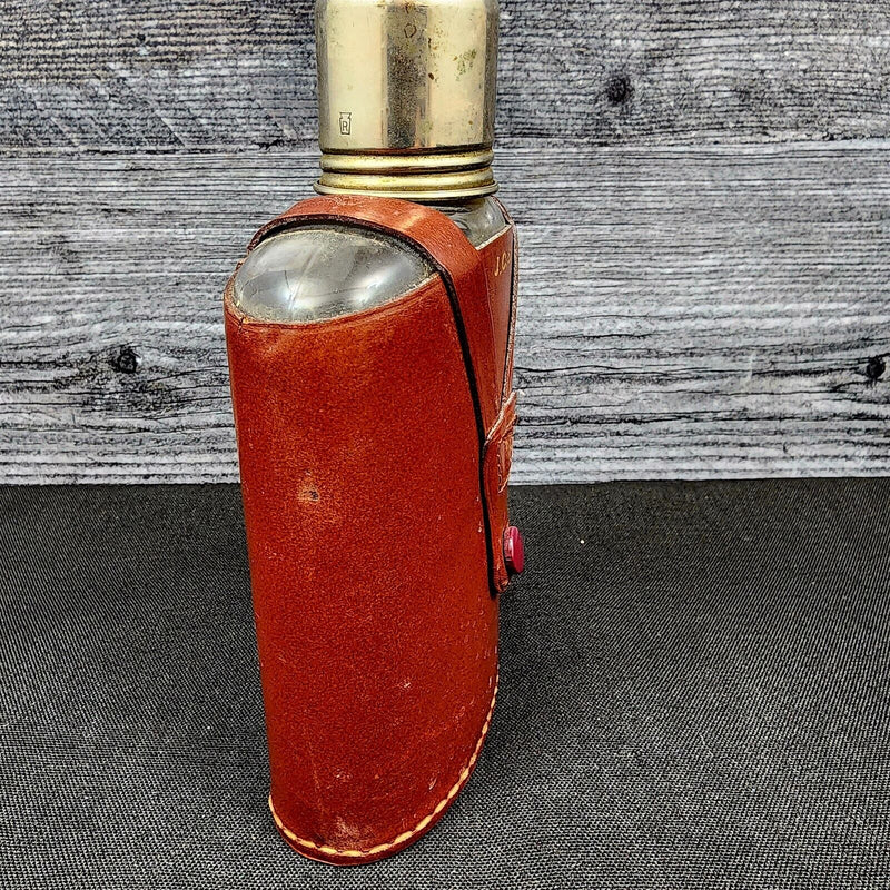 Load image into Gallery viewer, Rumpp Brown Leather Wrapped Glass Flask With Metal Cap &amp; Shot Glass
