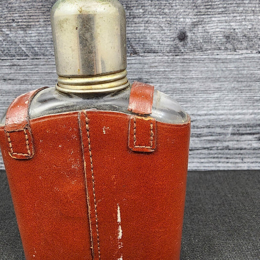 Rumpp Brown Leather Wrapped Glass Flask With Metal Cap & Shot Glass