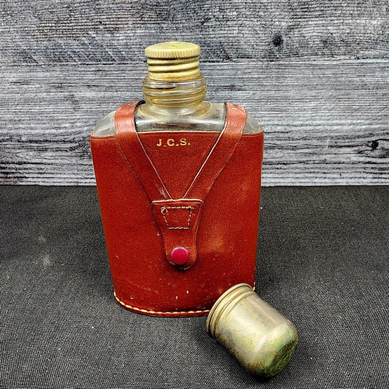 Load image into Gallery viewer, Rumpp Brown Leather Wrapped Glass Flask With Metal Cap &amp; Shot Glass
