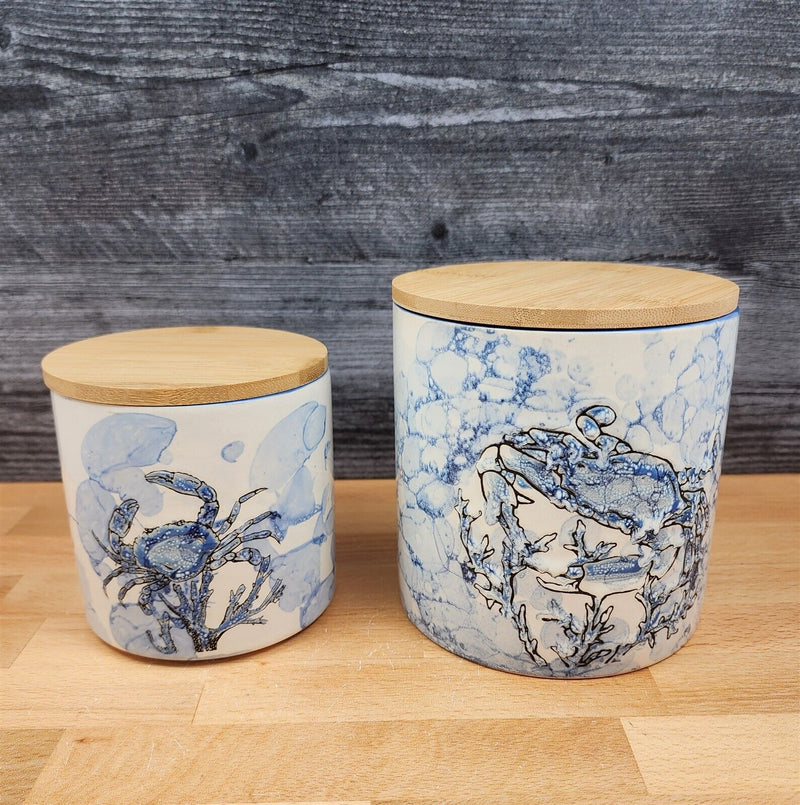 Load image into Gallery viewer, Chesapeake Bay Crab Canister Embossed Set of 2 by Blue Sky 4" &amp; 5" Sea Life Jar
