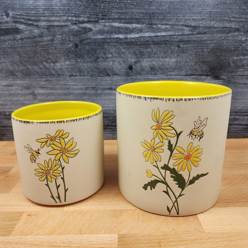 Load image into Gallery viewer, Spring Daisy Flower &amp; Bee Canister Embossed Set by Blue Sky 4" &amp; 5" Ceramic Pots
