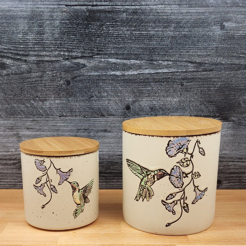 Load image into Gallery viewer, Ruby Hummingbird Canister Embossed Set of 2 by Blue Sky 4&quot; &amp; 5&quot; Home Décor Jars
