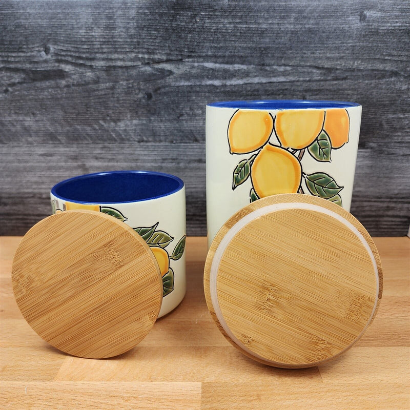 Load image into Gallery viewer, Lemon Bloom Fruit Canister Embossed Set by Blue Sky 4&quot; &amp; 7&quot; Kitchen Home Décor
