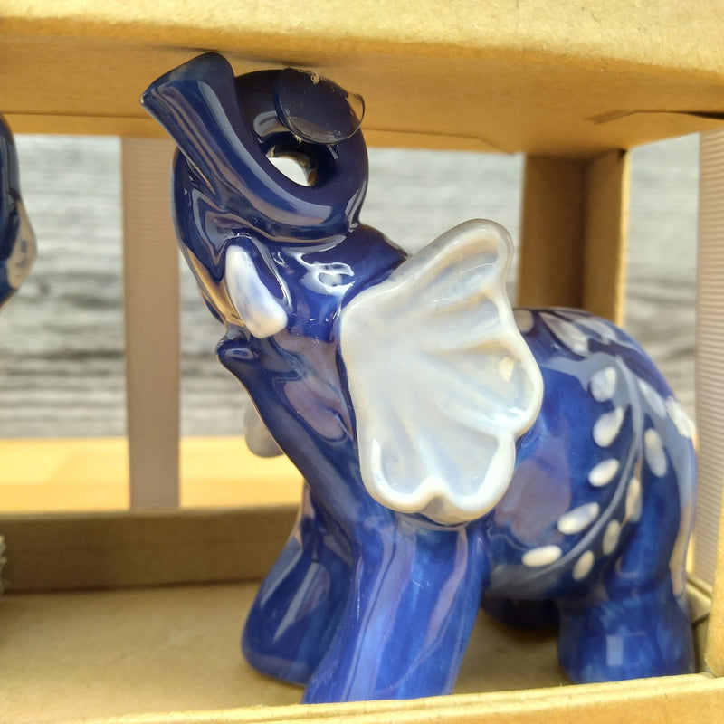 Load image into Gallery viewer, Floral Blue Elephants Salt Pepper Set Collectible by Blue Sky Clayworks
