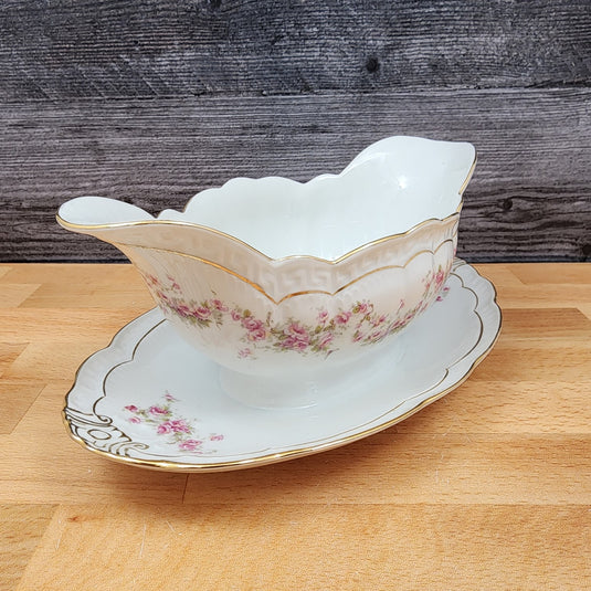 ZSC41 Gravy Boat with Underplate Scalloped, Pink Roses White by ZS & Co Scherzer