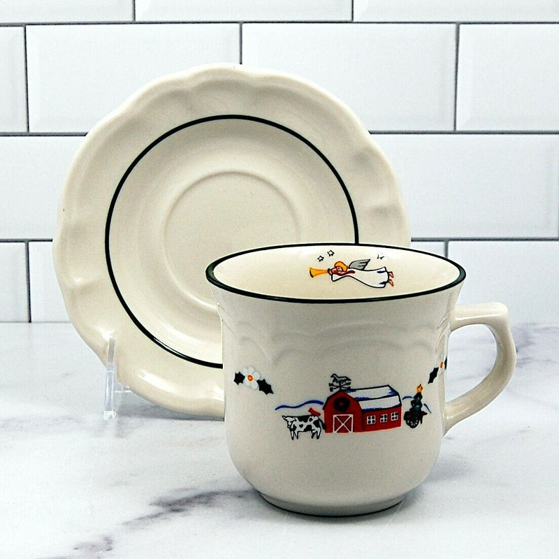 Load image into Gallery viewer, Pfaltzgraff Set of 4 Saucer &amp; Tea Cup Snow Village Barn Scene &amp; Angel Coffee Mug
