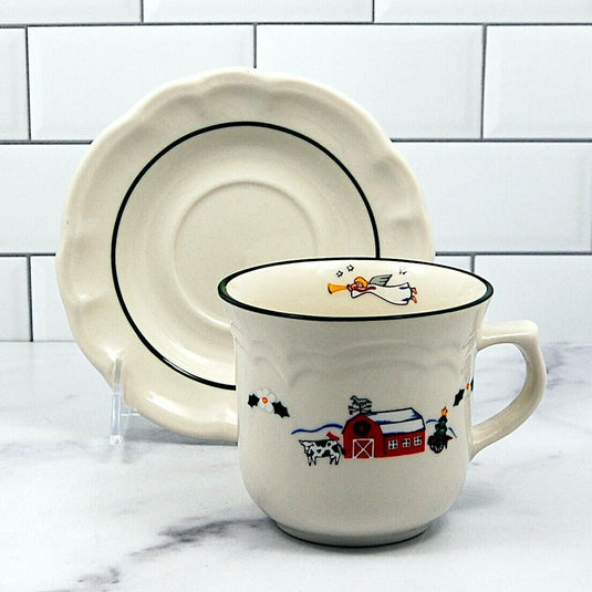 Pfaltzgraff Set of 4 Saucer & Tea Cup Snow Village Barn Scene & Angel Coffee Mug