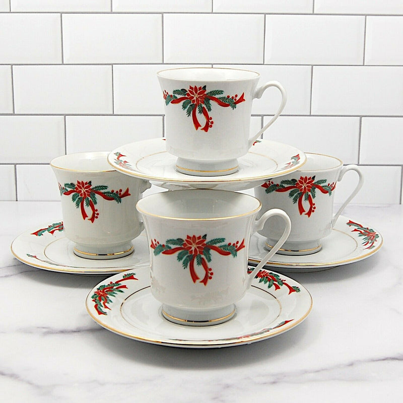 Load image into Gallery viewer, Fairfield Fine China Poinsettia Ribbon Set of 4 Coffee Mug and Saucer 3" 8cm
