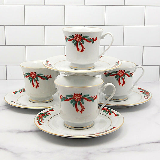 Fairfield Fine China Poinsettia Ribbon Set of 4 Coffee Mug and Saucer 3" 8cm