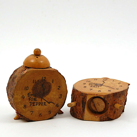Vintage Set of Salt Pepper Shakers Wooden Clock