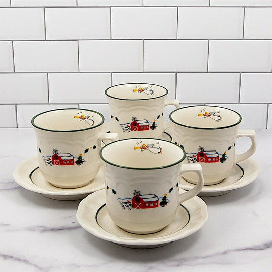 Pfaltzgraff Set of 4 Saucer & Tea Cup Snow Village Barn Scene & Angel Coffee Mug
