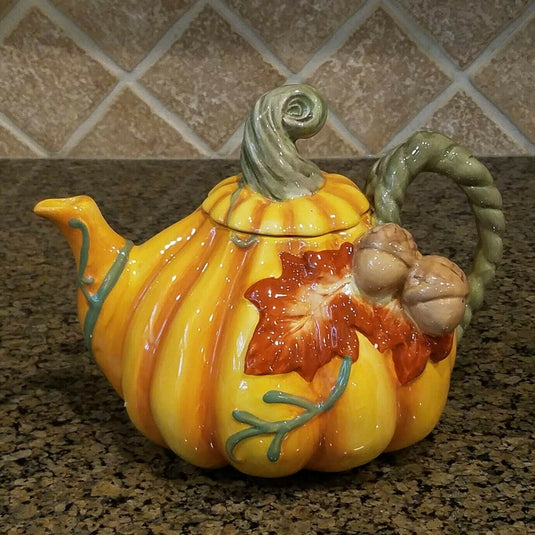 Ceramic Pumpkin Halloween Teapot orange with green floral leaves