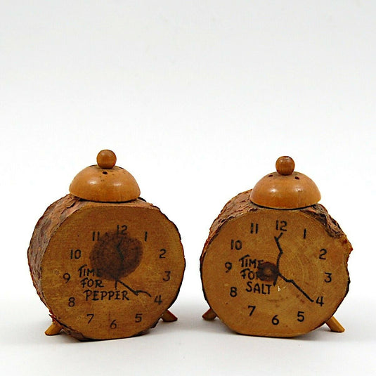 Vintage Set of Salt Pepper Shakers Wooden Clock