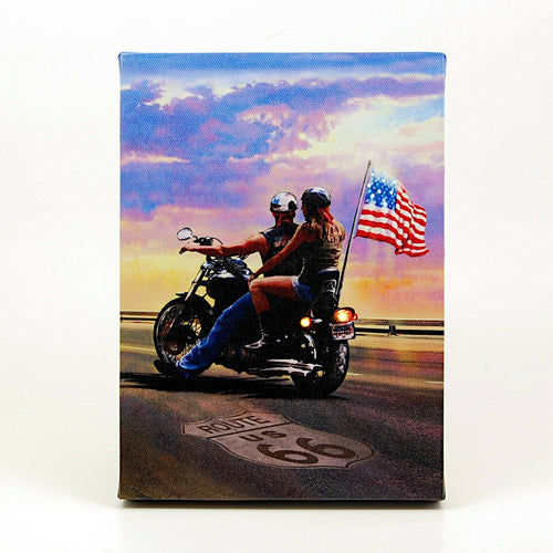 LED Lit Tabletop Picture Art of Bikers Riders on Route 66 with American Flag