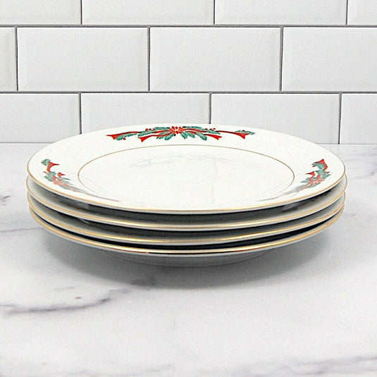 Fairfield Fine China Poinsettia Ribbon Set of 4 Salad or Dessert Plate 7.5" 19cm