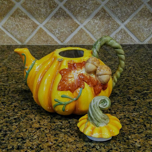 Ceramic Pumpkin Halloween Teapot orange with green floral leaves