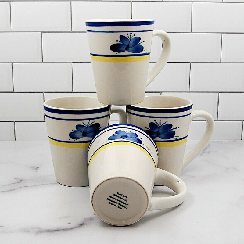 Load image into Gallery viewer, Montgomery Ward Tuscany Set of 4 Mugs Cups Blue Flowers Yellow Rim 10oz 300ml
