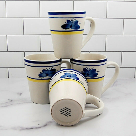 Montgomery Ward Tuscany Set of 4 Mugs Cups Blue Flowers Yellow Rim 10oz 300ml