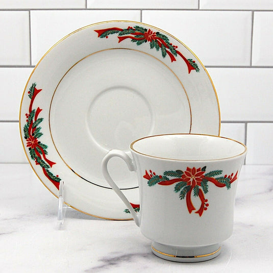 Fairfield Fine China Poinsettia Ribbon Set of 4 Coffee Mug and Saucer 3" 8cm