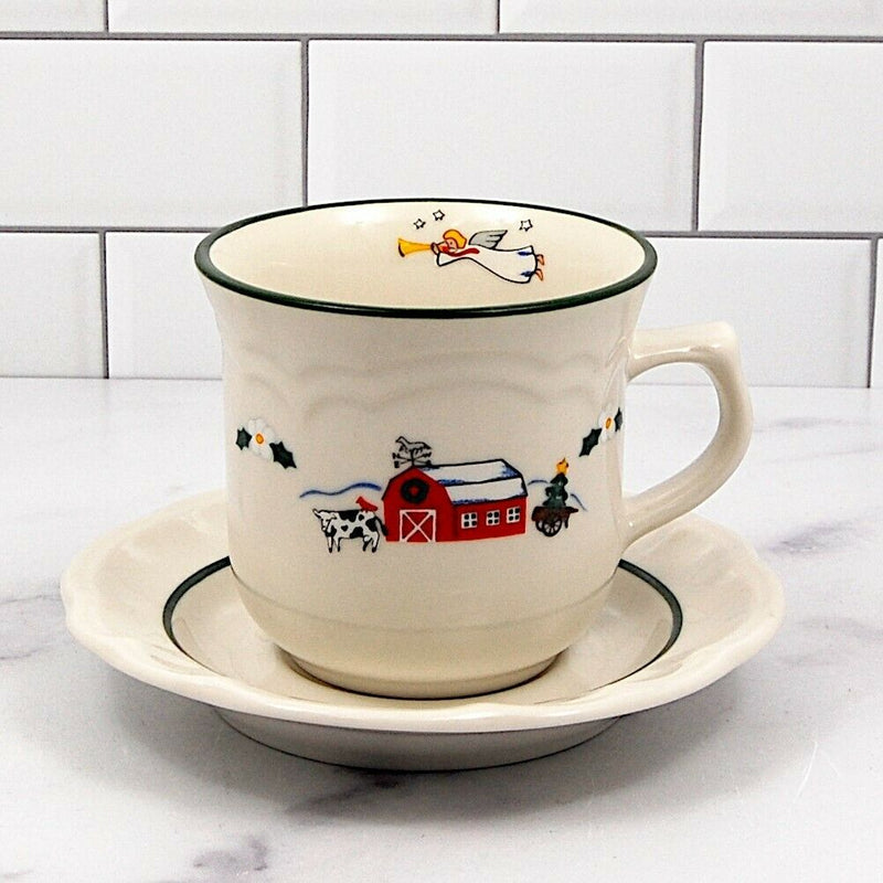 Load image into Gallery viewer, Pfaltzgraff Set of 4 Saucer &amp; Tea Cup Snow Village Barn Scene &amp; Angel Coffee Mug
