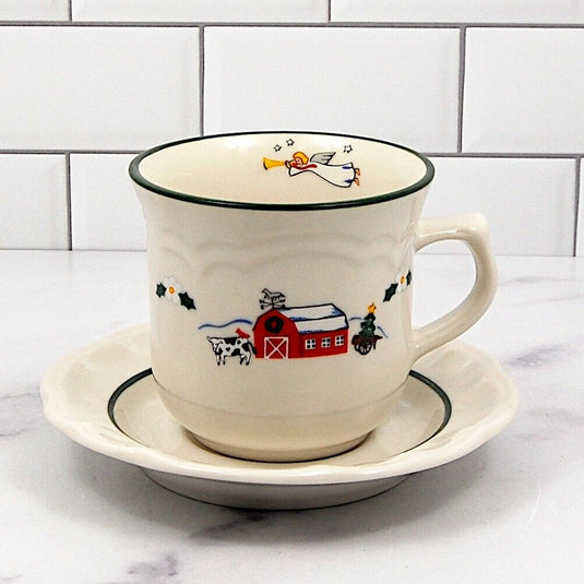 Pfaltzgraff Set of 4 Saucer & Tea Cup Snow Village Barn Scene & Angel Coffee Mug