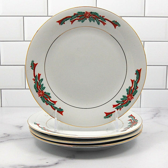 Fairfield Fine China Poinsettia Ribbon Set of 4 Salad or Dessert Plate 7.5" 19cm